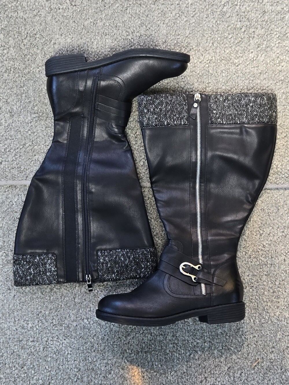 TORRID 9W Black Leather Knee-High Boots with Knit Trim